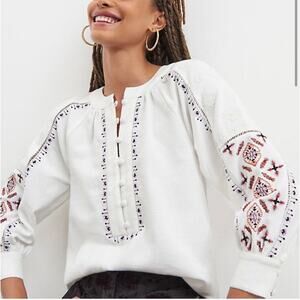 Anthropologie White Embroidered Balloon Sleeve Blouse XS FLAW